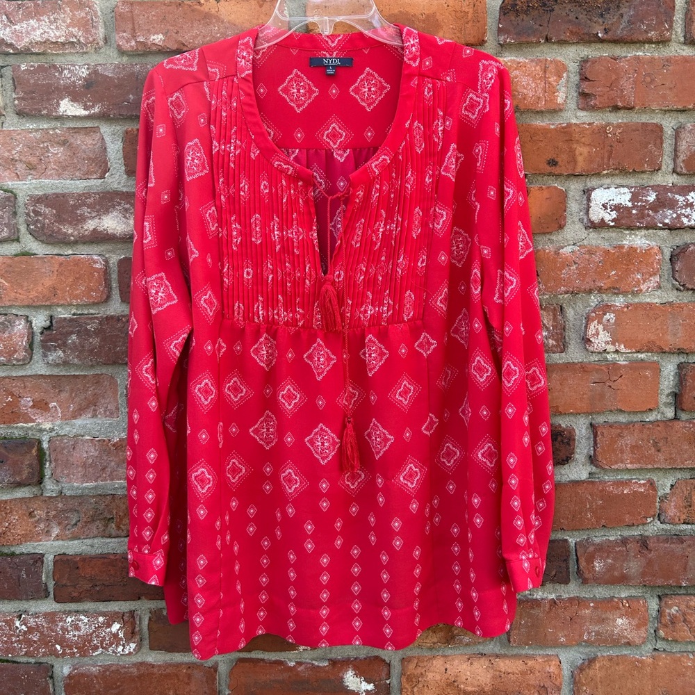 NYDJ Red Printed Pintuck Peasant Blouse L - Picture 1 of 7
